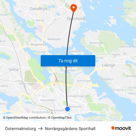 Östermalmstorg to Norrängsgårdens Sporthall map