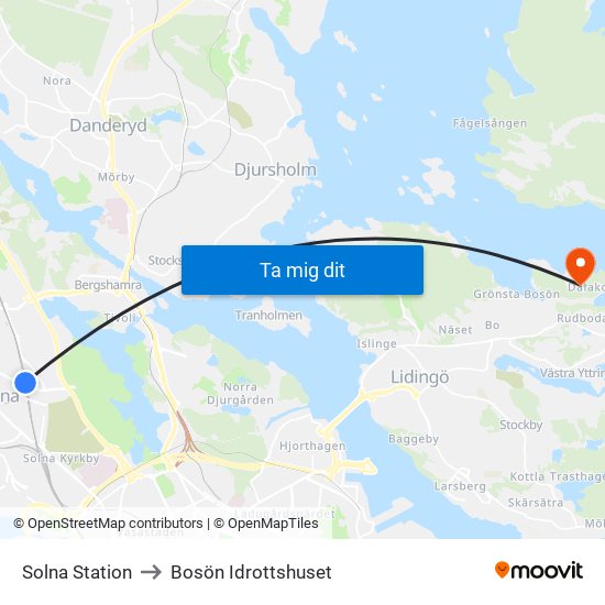 Solna Station to Bosön Idrottshuset map