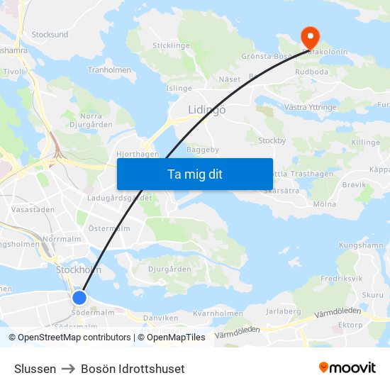 Slussen to Bosön Idrottshuset map