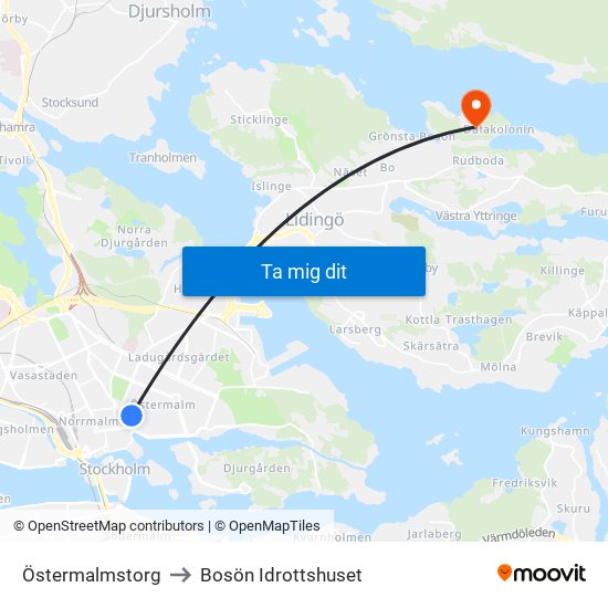 Östermalmstorg to Bosön Idrottshuset map