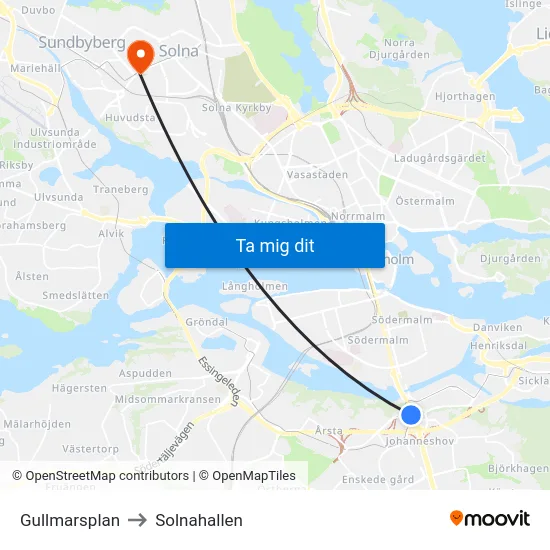Gullmarsplan to Solnahallen map
