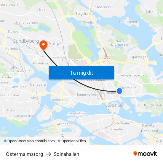 Östermalmstorg to Solnahallen map