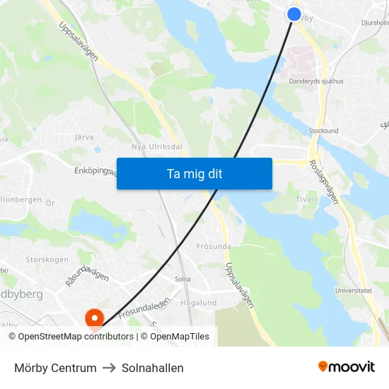 Mörby Centrum to Solnahallen map