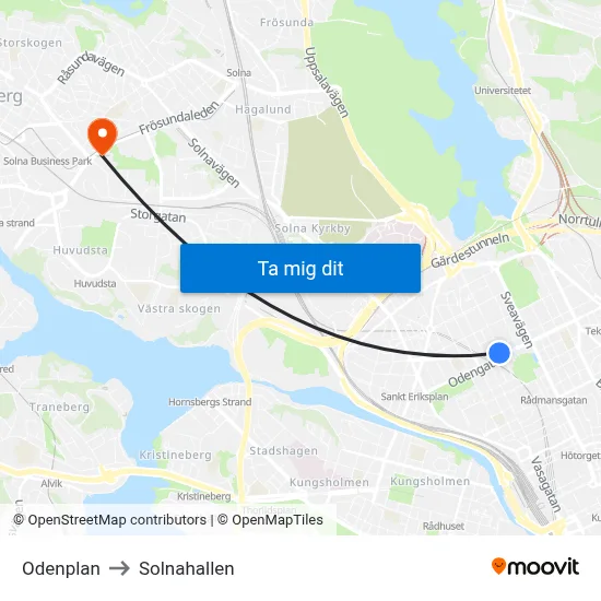 Odenplan to Solnahallen map