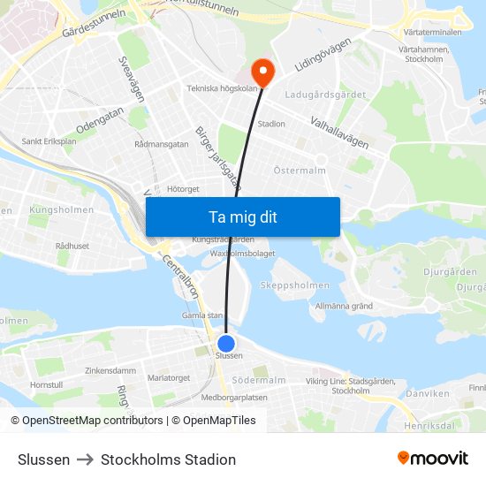 Slussen to Stockholms Stadion map