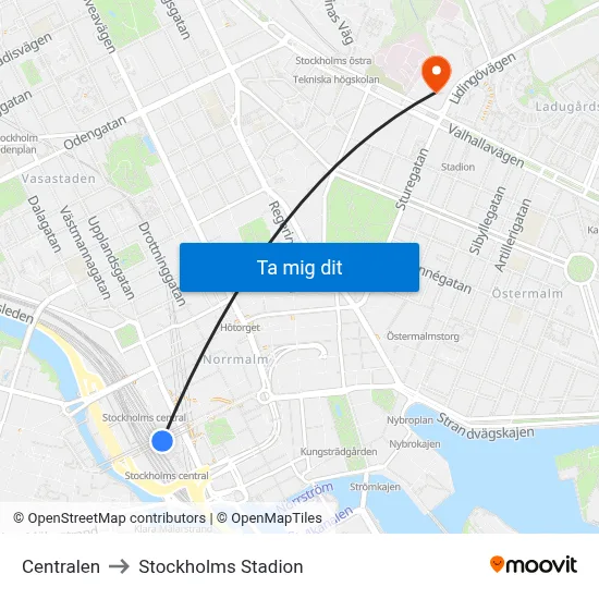Centralen to Stockholms Stadion map