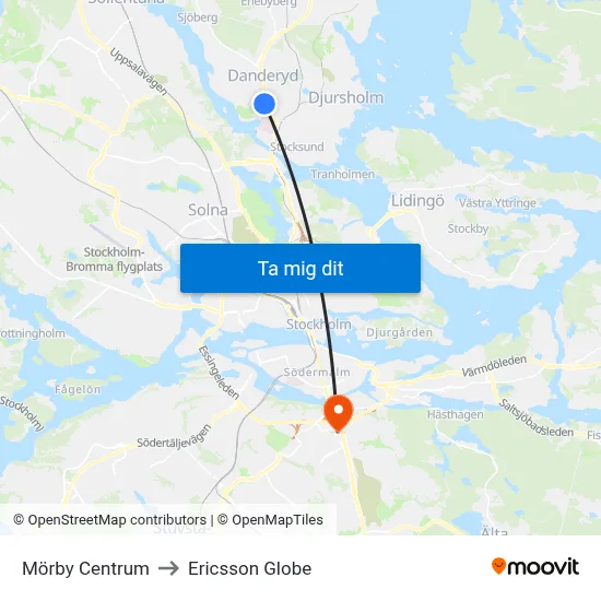 Mörby Centrum to Ericsson Globe map