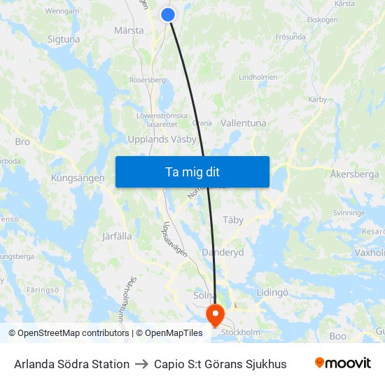 Arlanda Södra Station to Capio S:t Görans Sjukhus map