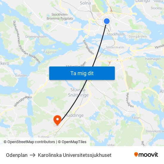 Odenplan to Karolinska Universitetssjukhuset map