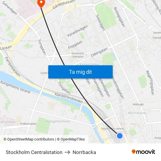 Stockholm Centralstation to Norrbacka map