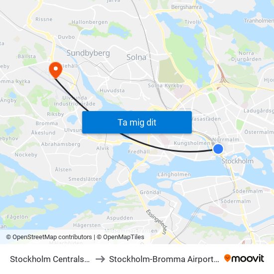 Stockholm Centralstation to Stockholm-Bromma Airport (BMA) map