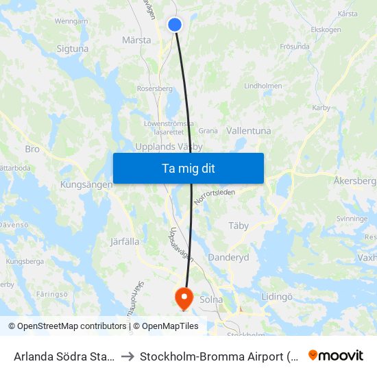 Arlanda Södra Station to Stockholm-Bromma Airport (BMA) map