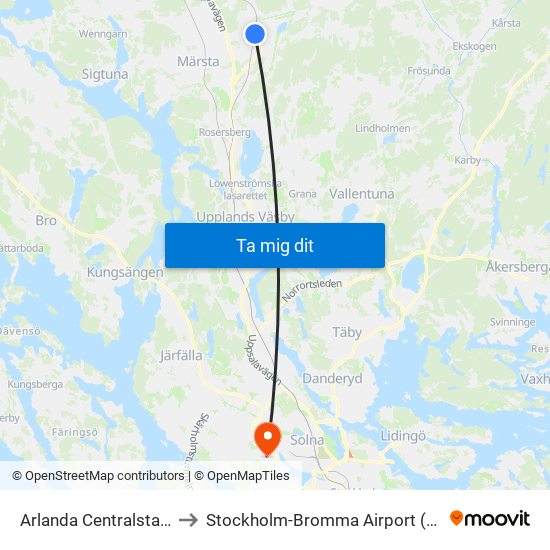 Arlanda Centralstation to Stockholm-Bromma Airport (BMA) map
