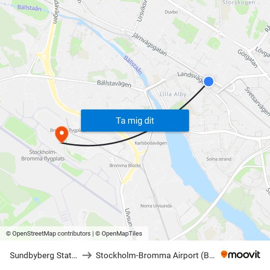 Sundbyberg Station to Stockholm-Bromma Airport (BMA) map