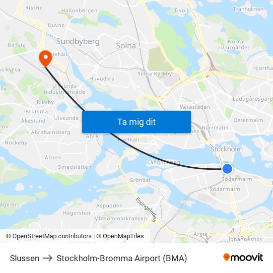 Slussen to Stockholm-Bromma Airport (BMA) map