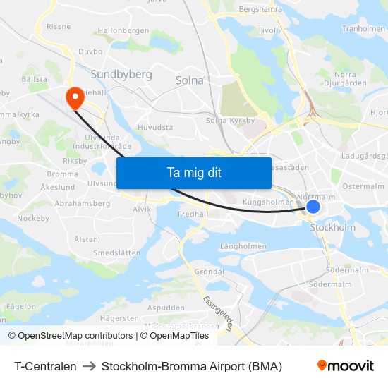 T-Centralen to Stockholm-Bromma Airport (BMA) map