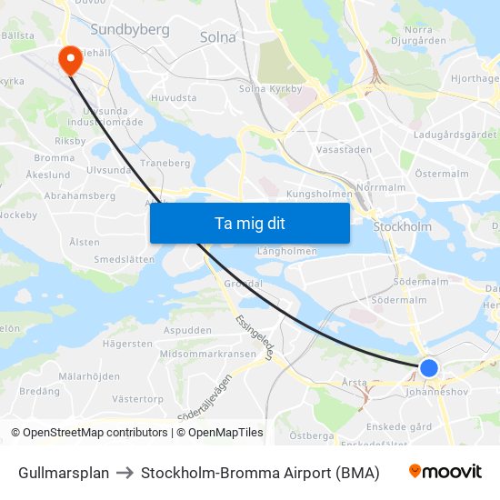 Gullmarsplan to Stockholm-Bromma Airport (BMA) map