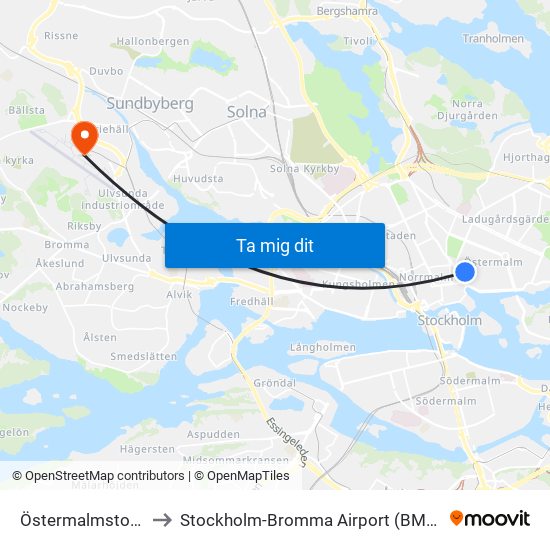 Östermalmstorg to Stockholm-Bromma Airport (BMA) map