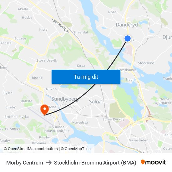 Mörby Centrum to Stockholm-Bromma Airport (BMA) map