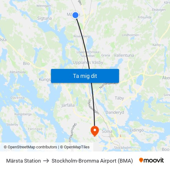 Märsta Station to Stockholm-Bromma Airport (BMA) map