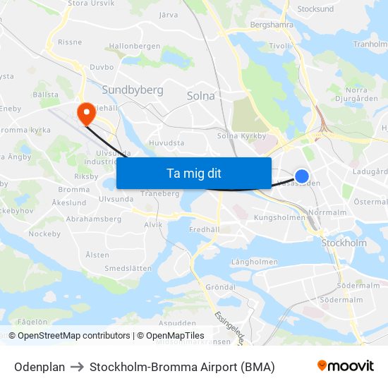 Odenplan to Stockholm-Bromma Airport (BMA) map