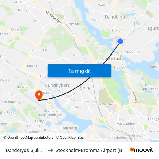 Danderyds Sjukhus to Stockholm-Bromma Airport (BMA) map