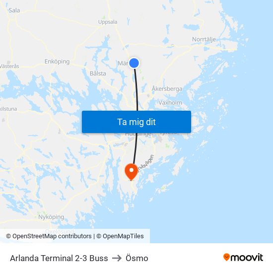 Arlanda Terminal 2-3 Buss to Ösmo map