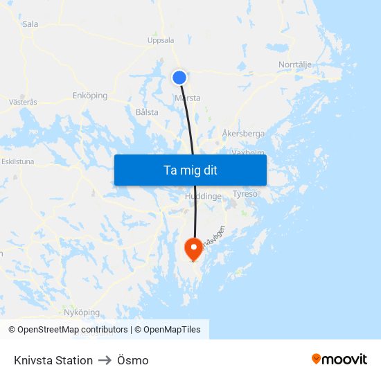 Knivsta Station to Ösmo map