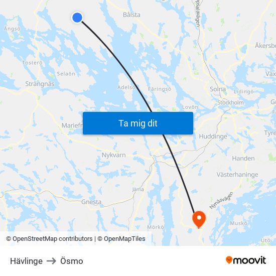 Hävlinge to Ösmo map