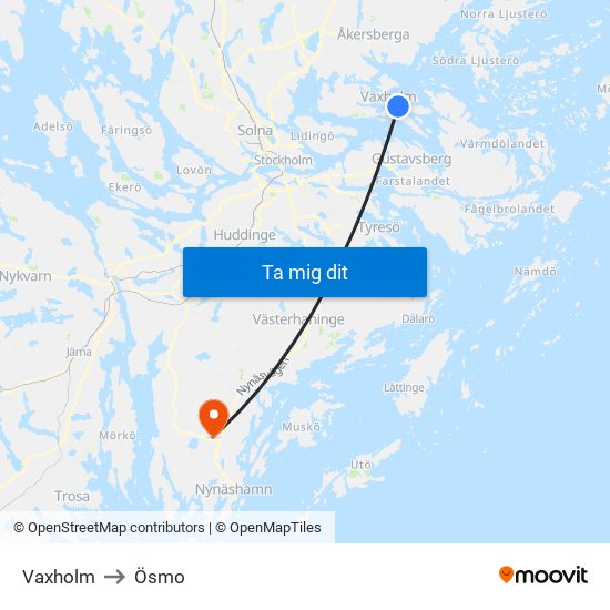 Vaxholm to Ösmo map