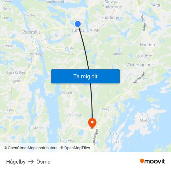 Hågelby to Ösmo map
