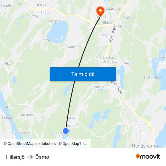 Hillersjö to Ösmo map
