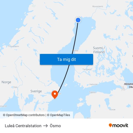 Luleå Centralstation to Ösmo map