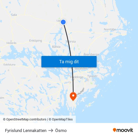 Fyrislund Lennakatten to Ösmo map