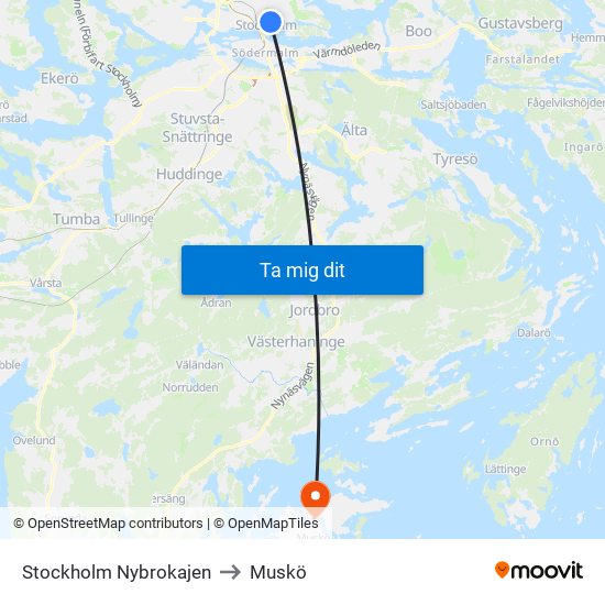 Stockholm Nybrokajen to Muskö map