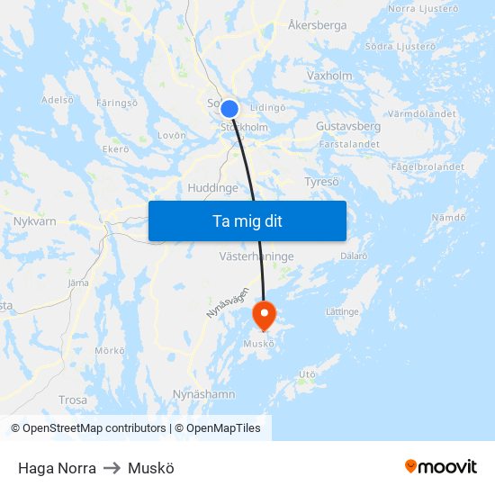 Haga Norra to Muskö map