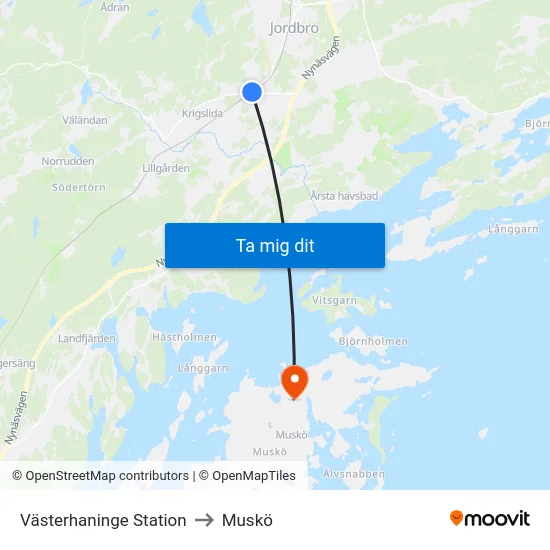 Västerhaninge Station to Muskö map