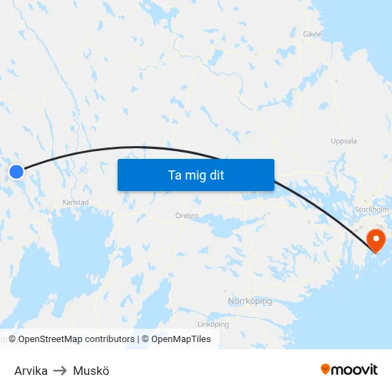 Arvika to Muskö map