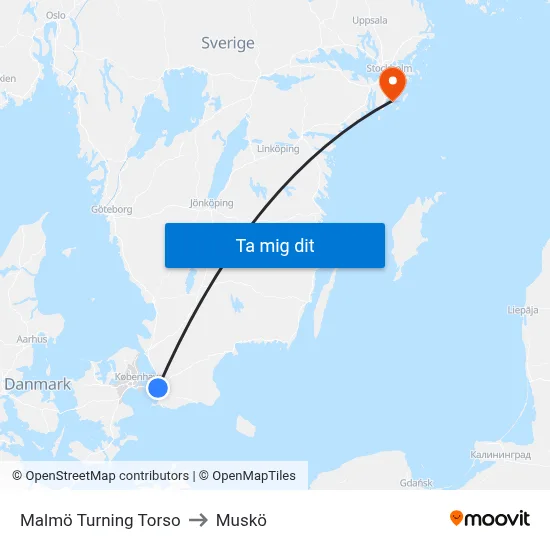 Malmö Turning Torso to Muskö map