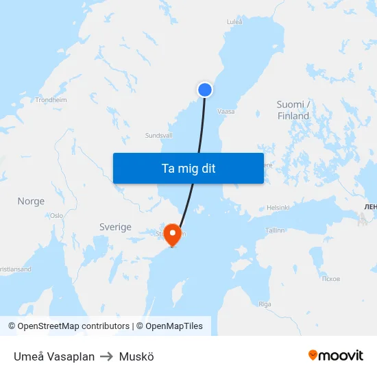 Umeå Vasaplan to Muskö map