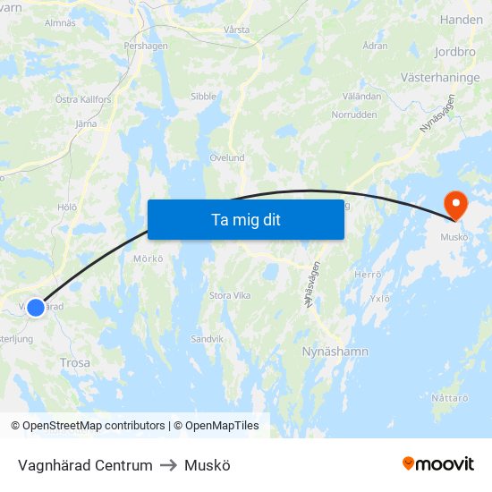 Vagnhärad Centrum to Muskö map