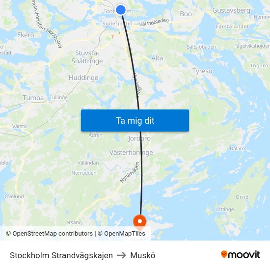 Stockholm Strandvägskajen to Muskö map