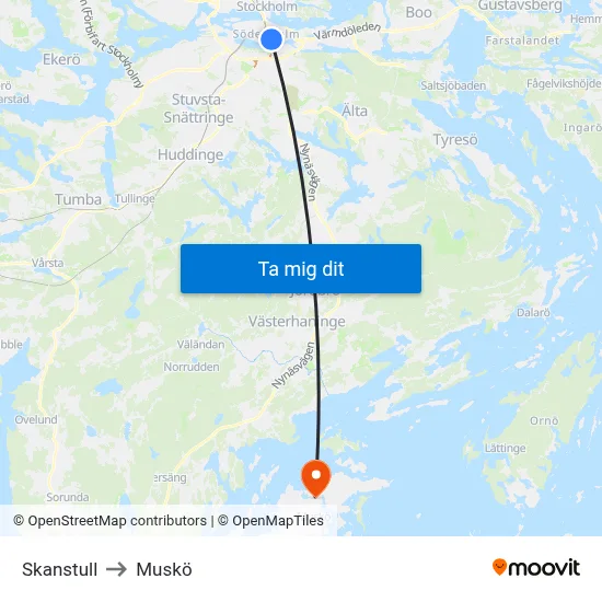 Skanstull to Muskö map