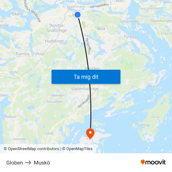 Globen to Muskö map