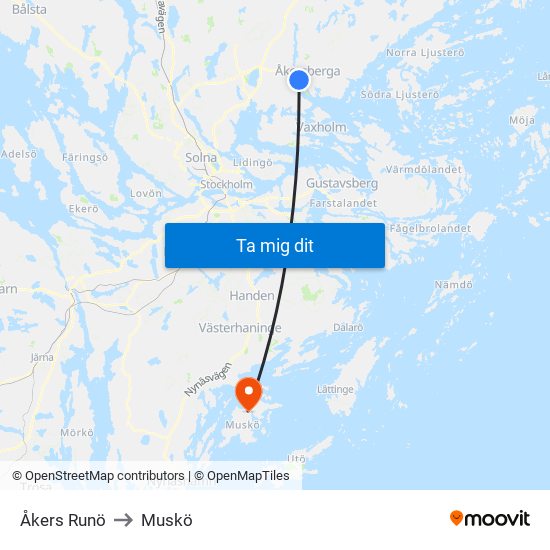 Åkers Runö to Muskö map