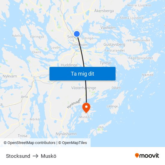 Stocksund to Muskö map