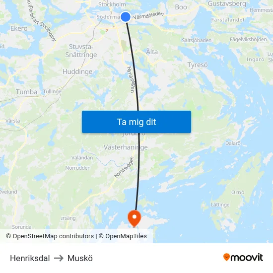Henriksdal to Muskö map