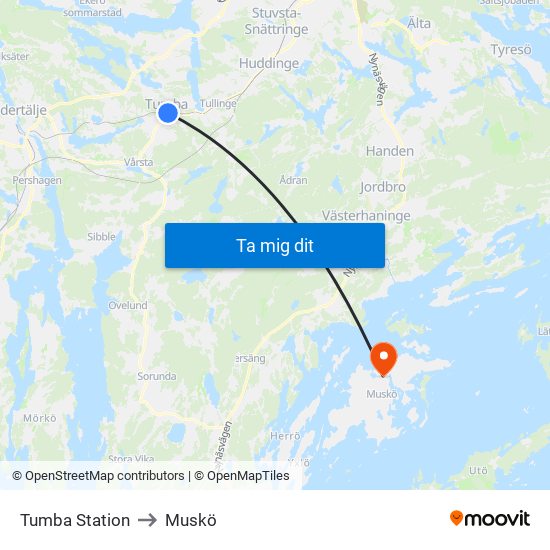 Tumba Station to Muskö map