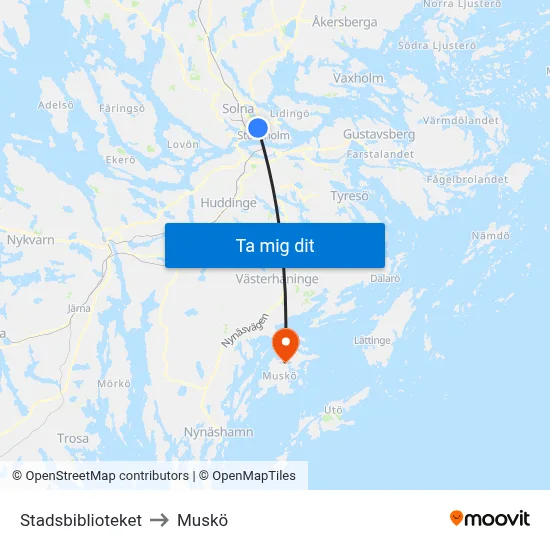 Stadsbiblioteket to Muskö map