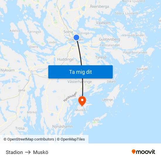 Stadion to Muskö map